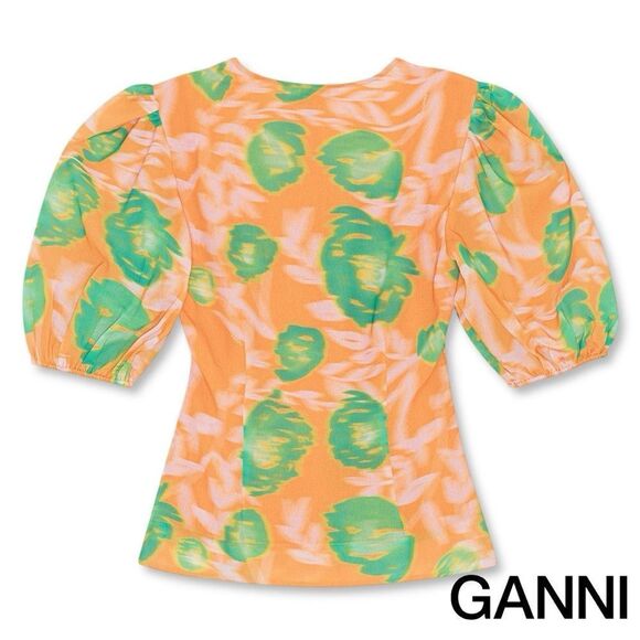 GANNI **NWT** Button-Up Puff Sleeve Crepe Blouse Vibrant Orange / Green Floral - Picture 15 of 16